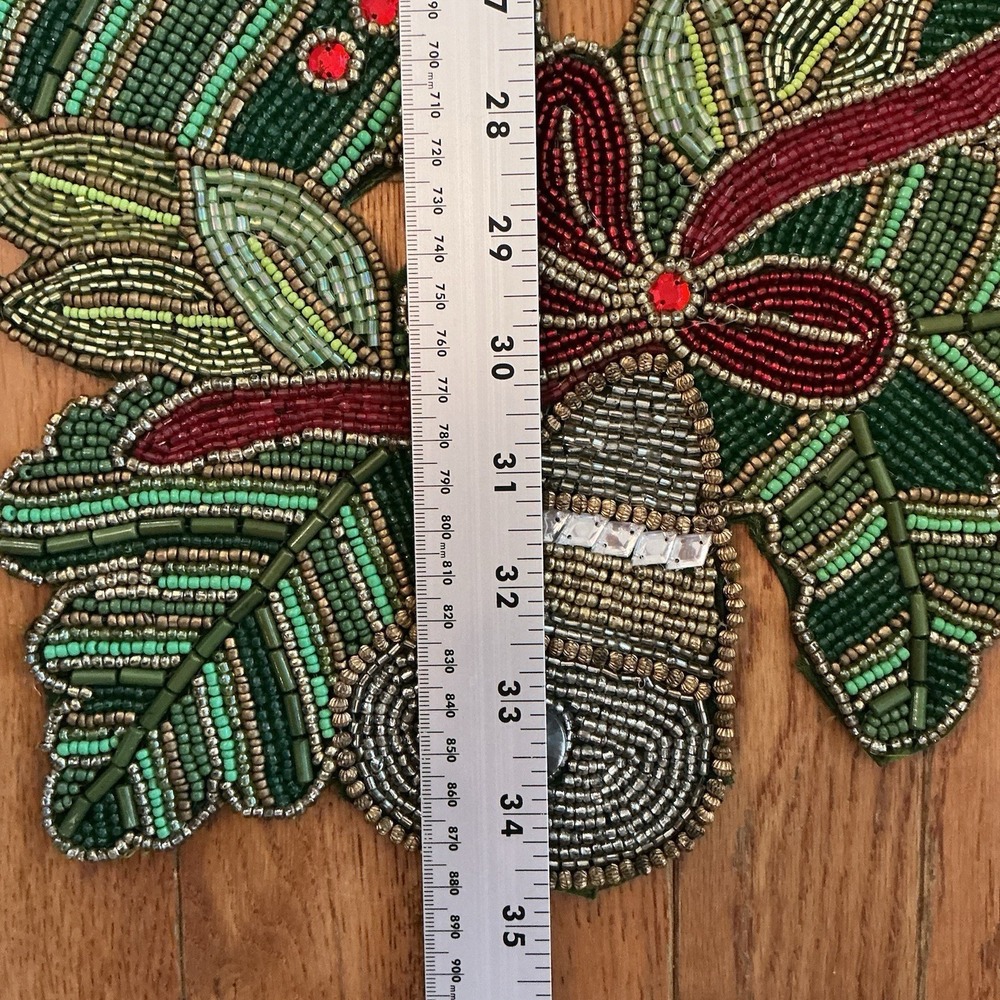 RARE KIM SEYBERT HOLLY SILVER BELLS CHRISTMAS BEADED TABLE RUNNER CENTERPIECE - Picture 5 of 11